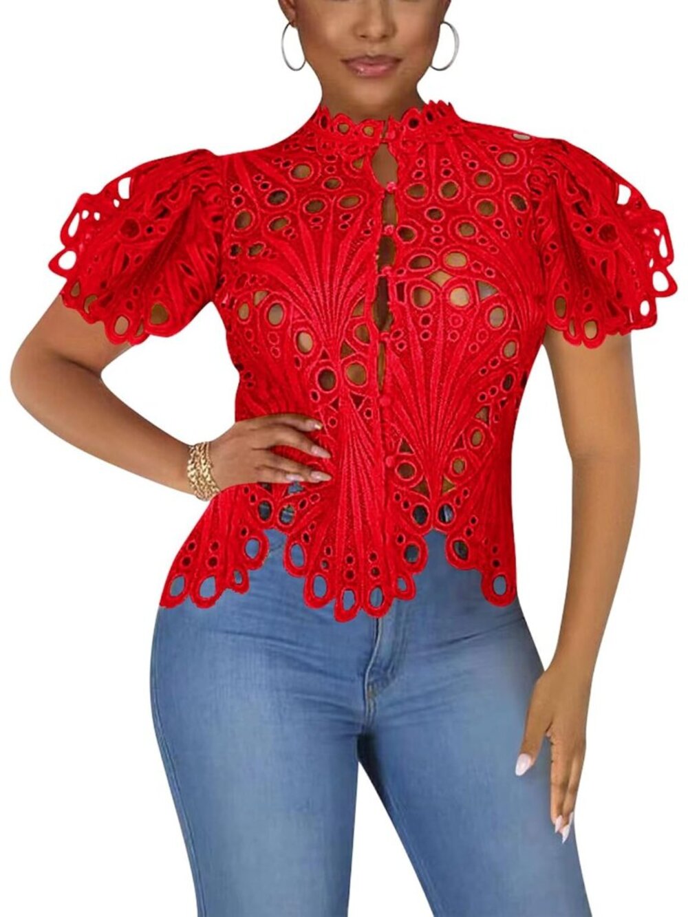🆕Women’s Red Lace Ruffle Puff Short Sleeve Button Down Tops Flare Tunic